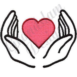 May include: Two black hands cupped together holding a pink heart in the center.