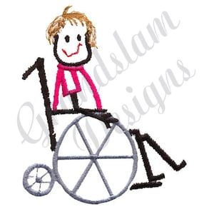 May include: A simple line drawing of a person in a wheelchair. The person has brown hair, a pink scarf, and a smiling face. The wheelchair is gray with black wheels.