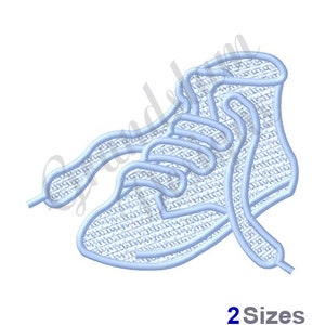 May include: A light blue embroidered design of a sneaker with laces. The design is in two sizes.