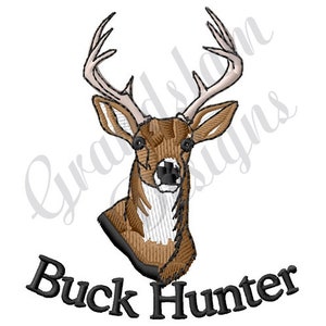 May include: A brown and white buck deer head with antlers, with the text "Buck Hunter" below.