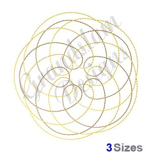 May include: A digital embroidery design featuring a circular pattern of overlapping brown and yellow lines.