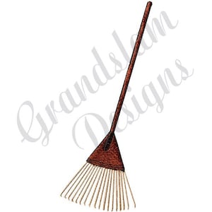 May include: A brown wooden rake with a brown handle and a fan of brown tines.
