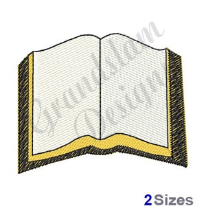 May include: An open book with a yellow spine and black cover. The pages are white and the book is open to show the inside.