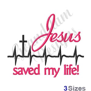 May include: A pink cursive font reads "Jesus" above a black heartbeat graphic with a cross at the beginning of the line. Below the heartbeat graphic, the text "saved my life!" is in pink cursive font.