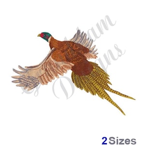 May include: A brown and yellow pheasant with a green head and red beak is flying with its wings spread out.