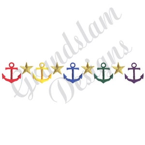 Könnte beinhalten: Eine Reihe von sechs Ankern und Sternen in einem Regenbogen-Farbschema. Die Anker sind rot, gelb, blau, grün und lila. Die Sterne sind golden.