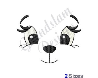 May include: Black and white embroidered design of a cartoon face with eyelashes, eyes, a nose, and a smiling mouth.