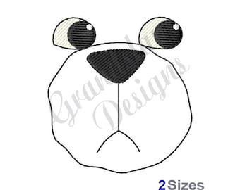 Puede incluir: Diseño de bordado en blanco y negro de una cara de animal de dibujos animados con ojos grandes y una nariz pequeña.