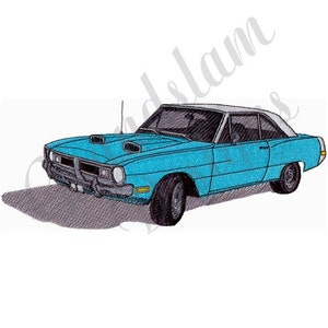 May include: A blue vintage muscle car with a white roof and black interior. The car has a hood scoop and a chrome bumper.