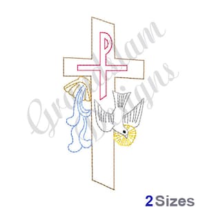 Peut inclure: Une colombe blanche avec une auréole jaune vole au-dessus d'une croix brune avec un "P" rouge à l'intérieur. La colombe est entourée d'un motif ondulé bleu et blanc.