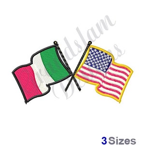 Peut inclure: Un motif de broderie représentant les drapeaux de l'Italie et des États-Unis d'Amérique croisés. Le drapeau italien est rouge, blanc et vert. Le drapeau américain est rouge, blanc et bleu. Les drapeaux sont bordés de noir et ont une bordure jaune.