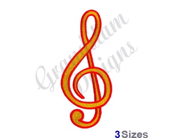 May include: A red and gold treble clef embroidery design. The treble clef is a musical symbol.