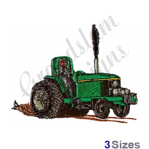 May include: Green tractor with a black exhaust pipe, driving on a brown dirt road.