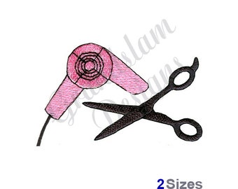 May include: Pink hair dryer and black scissors, a symbol of a hair salon or stylist.