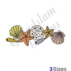 May include: A collection of seashells and starfish in various colors, including yellow, orange, pink, and white. The shells are arranged in a row, with a sand dollar in the center.