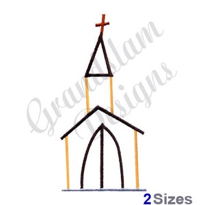 Puede incluir: Un contorno negro y marrón de un edificio de iglesia con un campanario y una cruz en la parte superior. La iglesia tiene un techo puntiagudo y una gran puerta arqueada. El campanario es alto y delgado, con una cruz en la parte superior. La iglesia está delineada en amarillo.