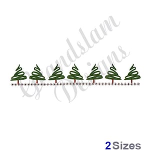 May include: A row of seven green stylized Christmas trees with red trunks, separated by a line of small white stars. The text "2 Sizes" is below the trees.