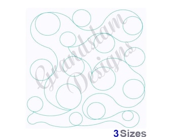 Puede incluir: Un diseño digital con un patrón de círculos superpuestos y líneas curvas. El diseño es en color turquesa y blanco y es adecuado para acolchar o bordar.