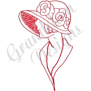 Può includere: Un disegno a linea di una donna che indossa un cappello a tesa larga con decorazioni floreali. Il cappello è inclinato di lato e il viso della donna è parzialmente oscurato dalla tesa.