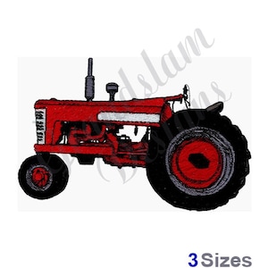 May include: Red tractor with a white stripe on the side, black wheels, and a black exhaust pipe. The tractor is on a white background.