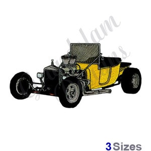 May include: Embroidered design of a classic yellow hot rod car with black tires and accents. The image features a detailed illustration of the vintage vehicle, showcasing its engine and open top. The text "3 Sizes" is at the bottom.