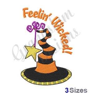 May include: An orange and black witch hat with a purple ribbon and a yellow star. The text "Feelin' Wicked!" is above the hat.