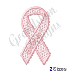 May include: Pink ribbon with a white scalloped edge and the word "Believe" written on it.