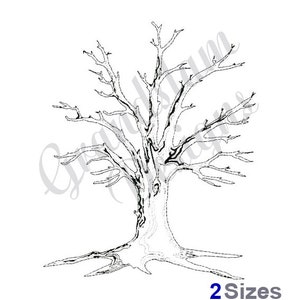 Könnte beinhalten: Schwarz-weiß-Zeichnung eines kahlen Baumes mit einem dicken Stamm und vielen Ästen. Der Baum ist im Boden verwurzelt und hat ein natürliches, organisches Aussehen.