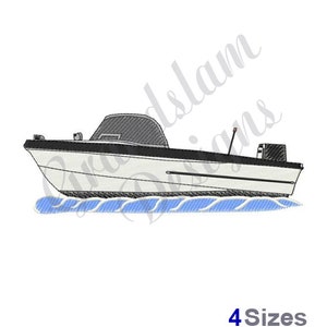 May include: An embroidered design of a white and black motorboat with a grey roof, floating on blue water. The boat has a sleek design and is set against a white background. The text "4 Sizes" is displayed in blue.