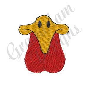 May include: Embroidered design of a turkey head with a red wattle and yellow beak. The turkey has black eyes and a simple smile.
