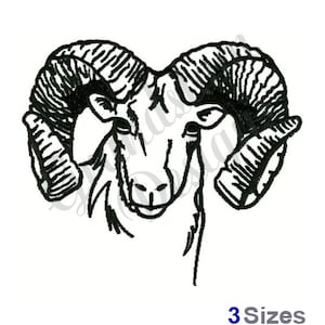 May include: Black and white line art illustration of a ram's head with large curled horns.
