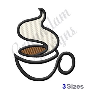 Puede incluir: Un dibujo en blanco y negro de una taza de café con vapor saliendo de ella. La taza de café está llena de café marrón.