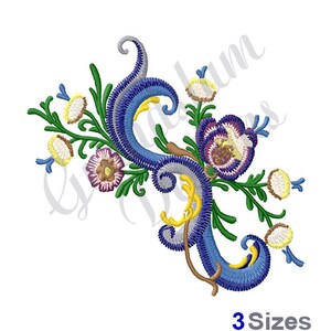 May include: Embroidered design featuring a blue and yellow floral motif with green leaves. The design includes a large flower with yellow and purple petals and smaller white flowers.