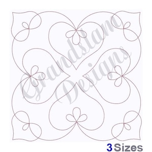 May include: A black and white line drawing of a quilting pattern with four hearts and four flower shapes. The pattern is called "3 Sizes".