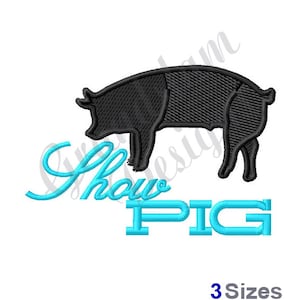 May include: Black silhouette of a pig with the text "Show Pig" in blue cursive script and "PIG" in large blue block letters.