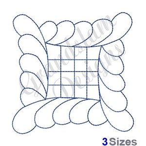 May include: A black and white line drawing of a square with a decorative border of curved lines. The square is divided into smaller squares.