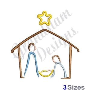 May include: A simple line drawing of the nativity scene with a yellow star above the stable. The figures of Mary, Joseph, and baby Jesus are inside the stable.