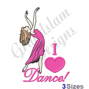 Puede incluir: Diseño bordado con un corazón rosa con el texto "¡Me encanta bailar!" y una silueta de una bailarina con un vestido rosa.