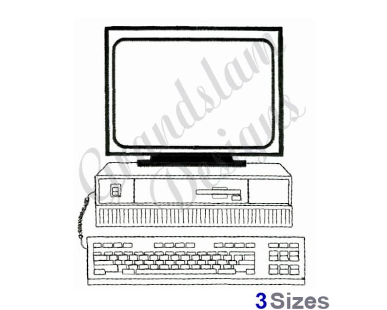 Peut inclure: Un dessin au trait noir et blanc d'un ordinateur vintage avec un moniteur, un clavier et une unit&eacute; centrale. L'ordinateur est reli&eacute; au clavier par un cordon.