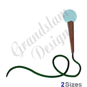 May include: A green microphone with a brown handle and a white top. The microphone is connected to a long, green cord.