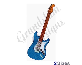May include: A blue electric guitar with a brown neck and white pickguard. The guitar has six strings and a single pickup.