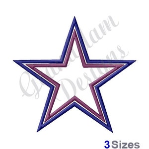 May include: A five-pointed star with a double outline. The outer outline is blue and the inner outline is purple.