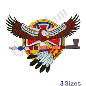 May include: Embroidered design featuring a red, white, and blue eagle with outstretched wings, holding a peace pipe. The eagle is centered in a circular design with a yellow background and red, white, and blue accents. The design includes feathers and a peace pipe.