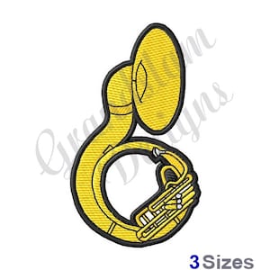 Puede incluir: Un sousafón amarillo, un instrumento de viento de metal grande con una boquilla en forma de campana, se representa en un estilo de dibujos animados. El instrumento está delineado en negro y tiene una sección de válvula blanca.