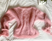 pink handmade knitted sweater, universal size, handmade, sweater, off shoulder, women s sweater, pink color, knitted, cute, cozy, warm, pink