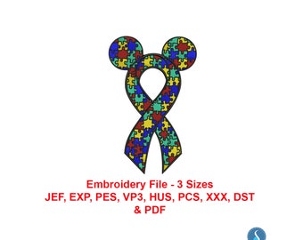 All formats Autism Awareness Pattern Puzzle Piece Design Autism Awareness Ribbon Mickey Ears Machine Embroidery Design 3 Sizes