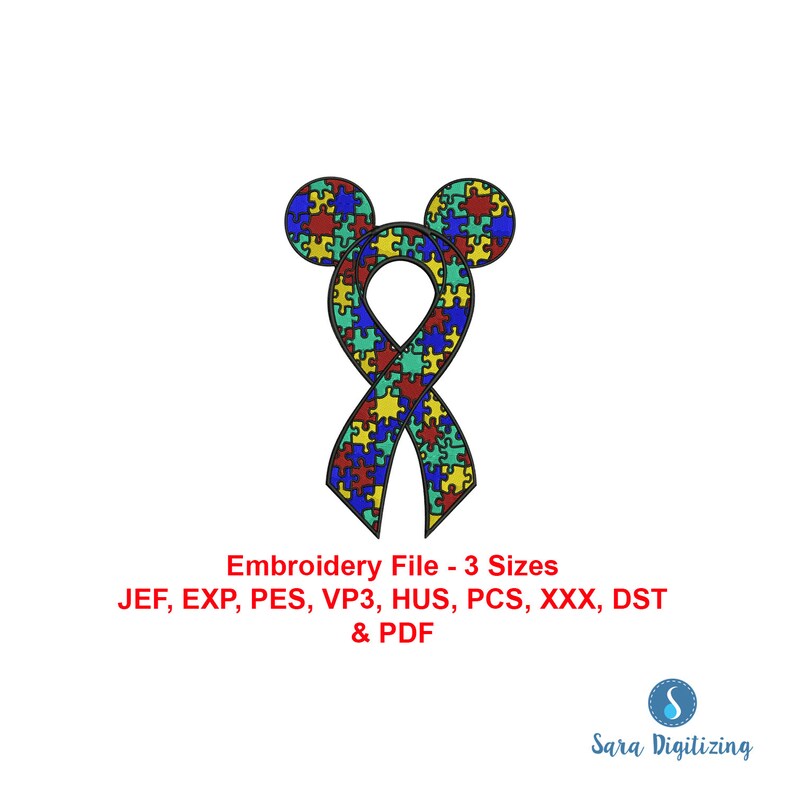 All formats Autism Awareness Pattern Puzzle Piece Design Autism Awareness Ribbon Mickey Ears Machine Embroidery Design 3 Sizes