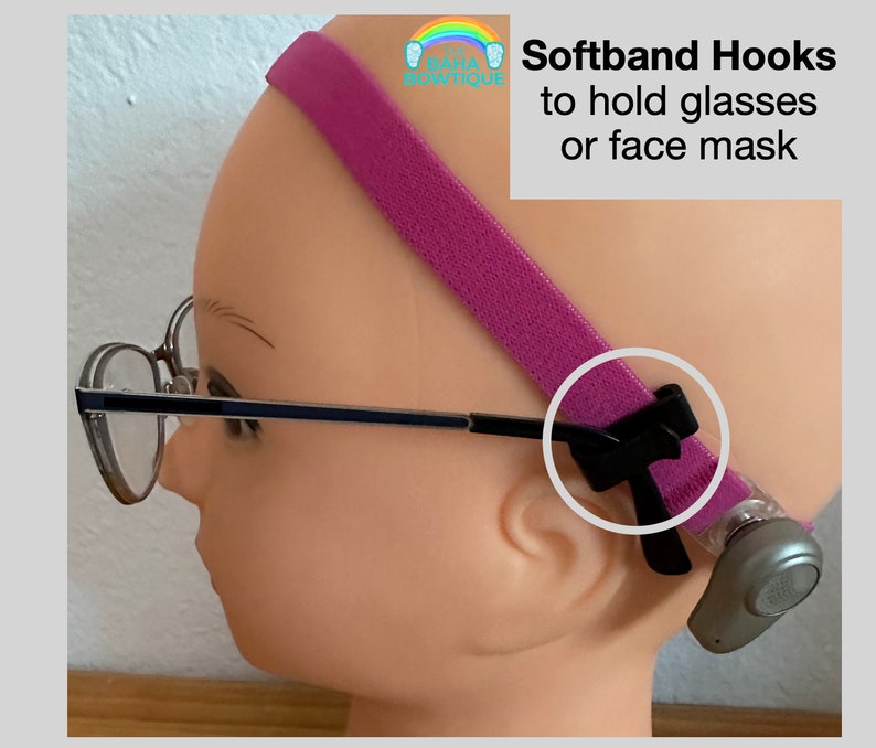 Softband Hooks sold as a pair. Use to hold Glasses or face mask. Attach Hooks to Custom Softband or Softband from hearing aid company. image 1