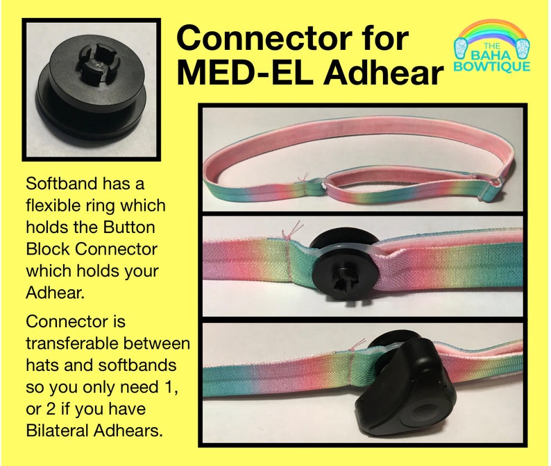 Connecteur pour appareil auditif pour bandeau personnalisé vendu séparément ou bonnet DIY. Choisissez un connecteur pour Cochlear Baha, Oticon Ponto ou MedEl AdHear. MedEl AdHear