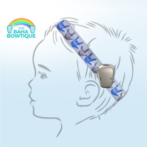 May include: A gray headband with a blue and white pattern of hands signing 'I love you' is worn by a child. The headband is attached to a small, beige hearing aid.